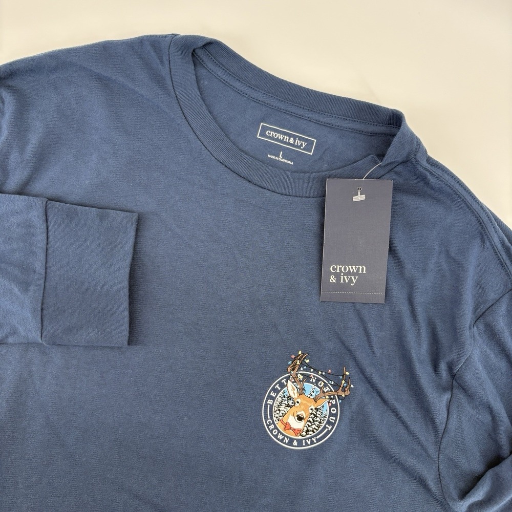 Crown & Ivy Mens Large Blue Long Sleeve Better Not Pout Reindeer Christmas Light